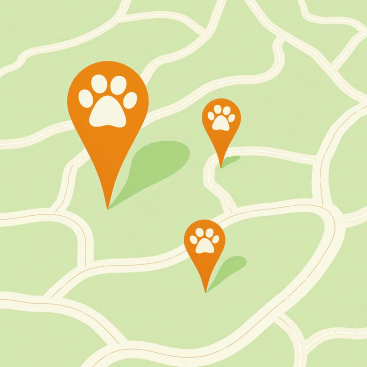 Google Maps style illustration with paw-shaped location pins
