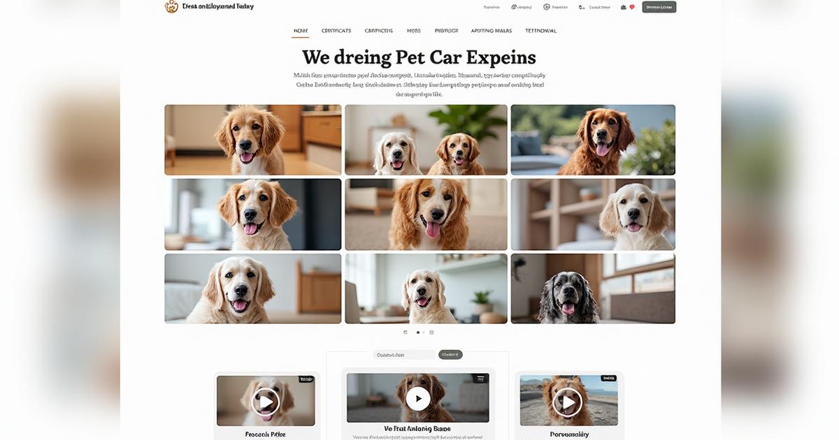 Pet-care gallery with before/after photos, reels, and trust badges.