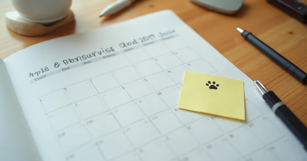 Monthly content calendar with pet-care notes.