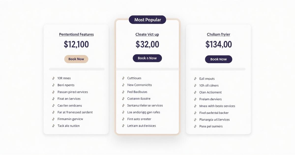 Pet-care pricing tier cards with a highlighted Most Booked option.