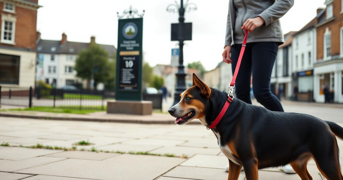 Dog on lead in town by landmark during a calm walk