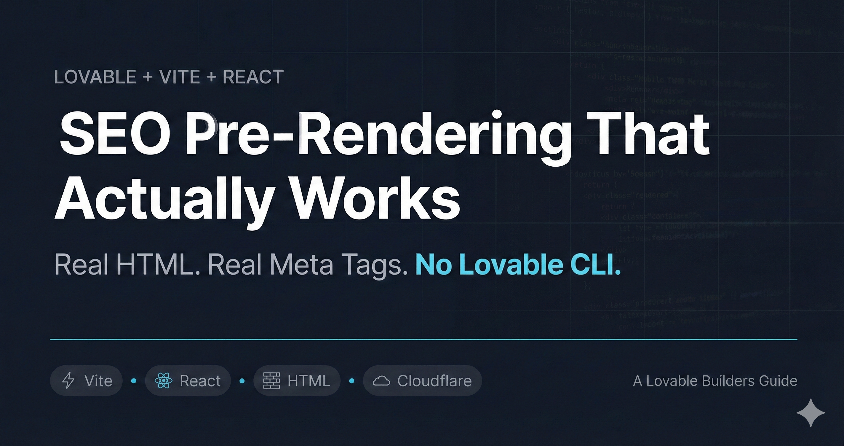 Diagram showing SEO pre-rendering workflow for a Lovable Vite + React app, generating static HTML for search engines and hydrating on the client.